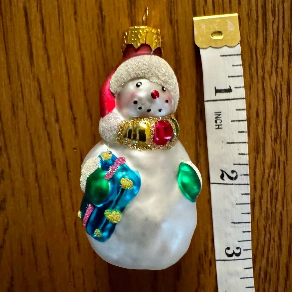 Vintage Blown Glass Snowman Christmas Ornament Glitter Scarf Stocking 3